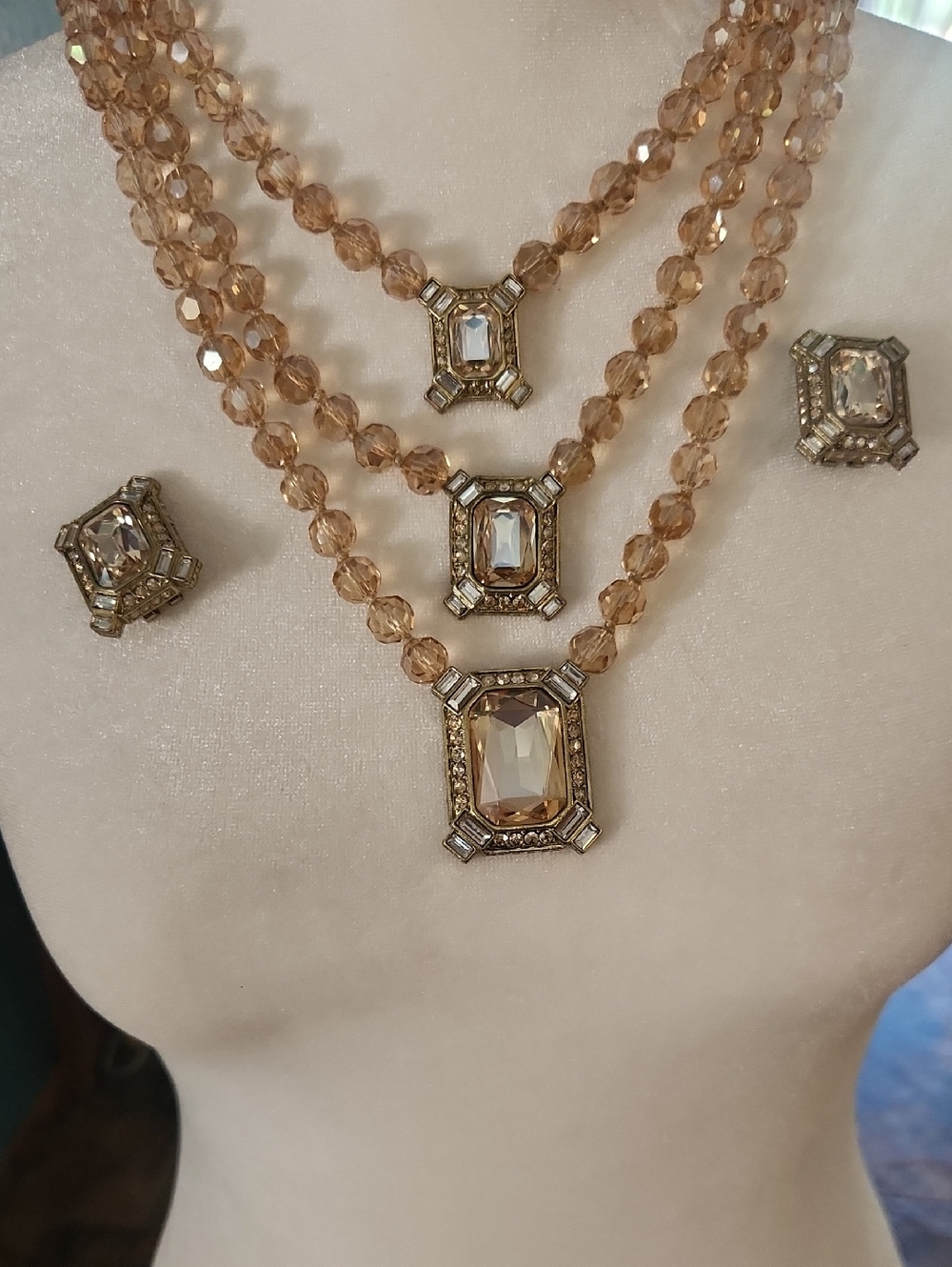 Heidi Daus Champagne Crystal Three-Strand Necklace with Matching Earrings